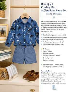 Blue Quail Boys’ Western Cowboy Print Button-Up Shirt  Shorts Set - Blue